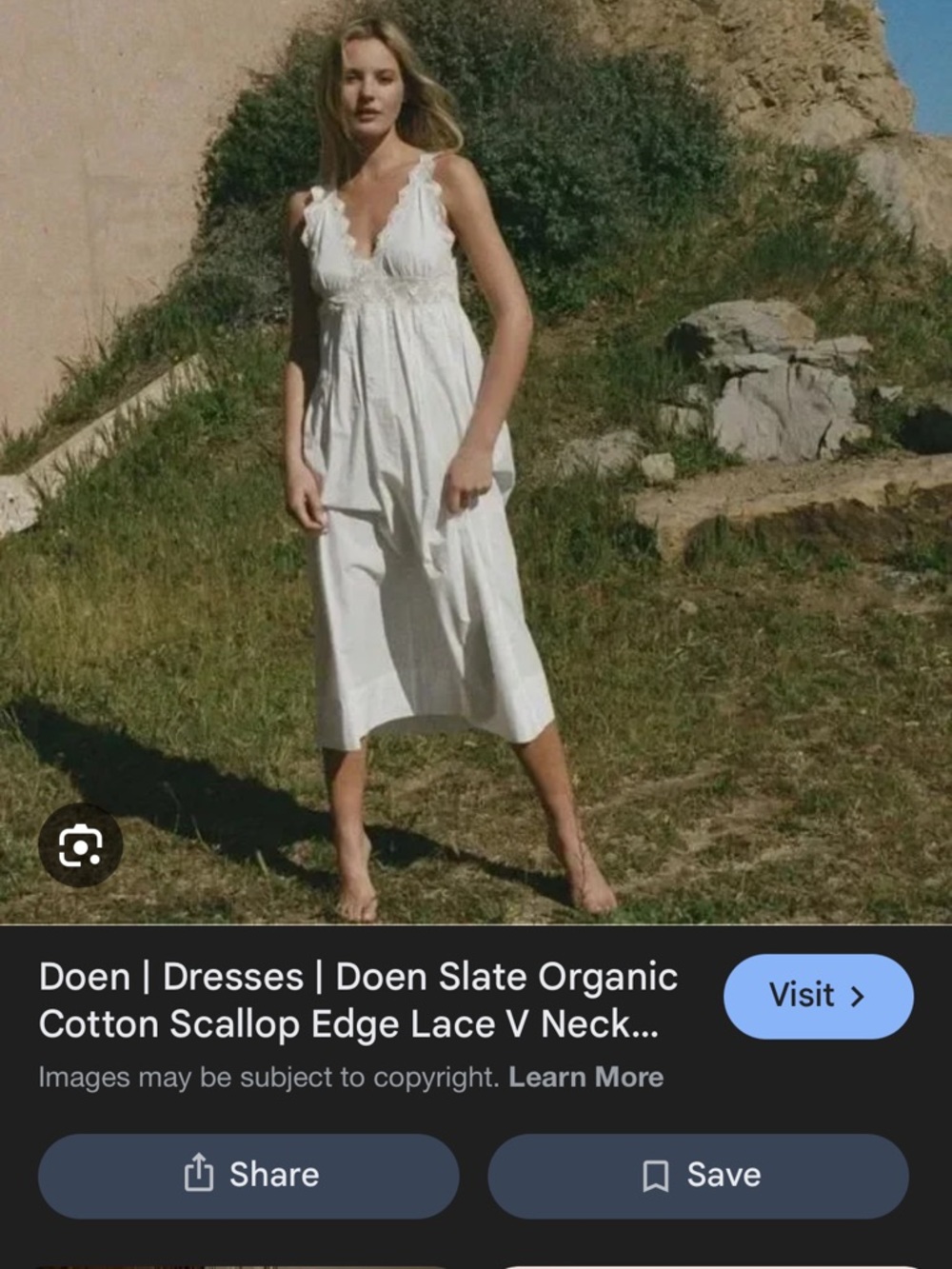 Doen White Scallop-Edge Lace V-Neck Midi Dress Slate
